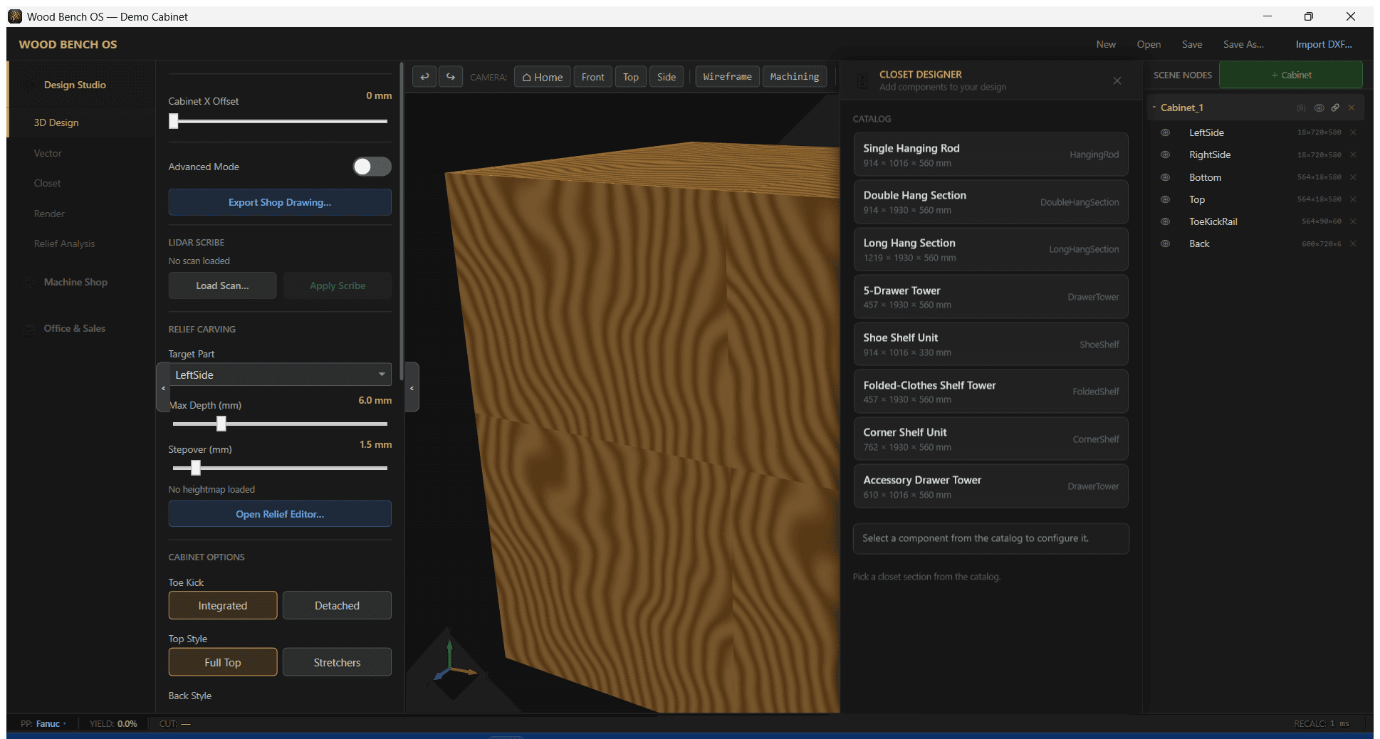 WoodBench OS 3D design workspace showing a parametric kitchen cabinet layout with assembly tree, property editor, and live BOM cost summary